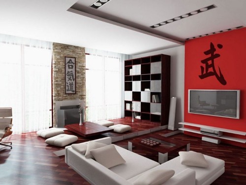 Asian inspired interiosr, red, asian rug, red and black